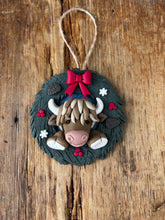Load image into Gallery viewer, Highland Cow Christmas Wreath Ornament – Handmade Polymer Clay