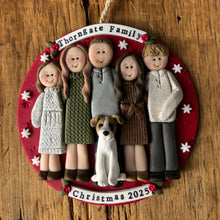 Load image into Gallery viewer, Personalized family Christmas ornament with five people and a dog on a wooden background.
