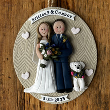 Load image into Gallery viewer, Personalized ornament with a couple and dog on a wooden background
