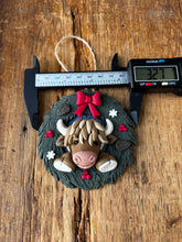 Load image into Gallery viewer, Highland Cow Christmas Wreath Ornament – Handmade Polymer Clay
