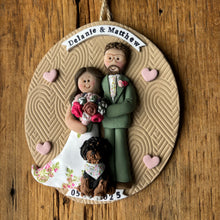 Load image into Gallery viewer, Personalized ornament with a couple and dog on a wooden background
