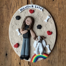 Load image into Gallery viewer, Decorative item with a girl, dog, and rainbow on a wooden surface
