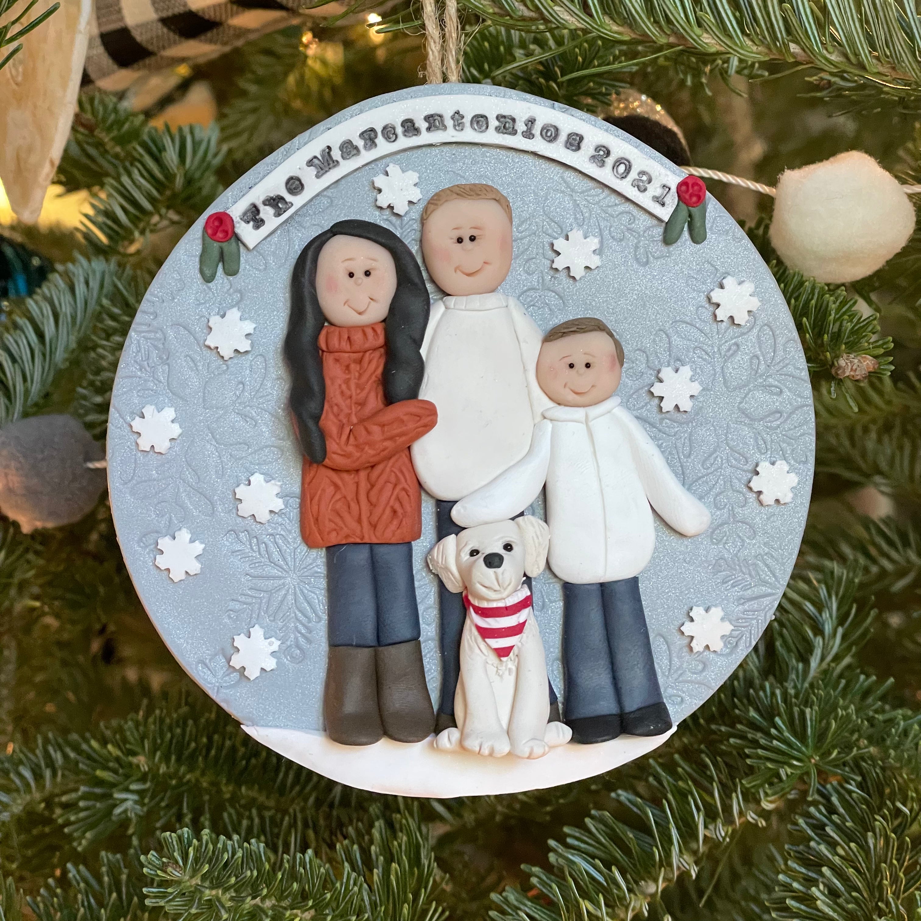 4 Member custom clay family portrait Christmas ornament Lilac