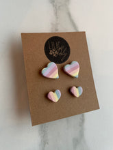 Load image into Gallery viewer, Pastel striped heart shaped earrings. Large and small size
